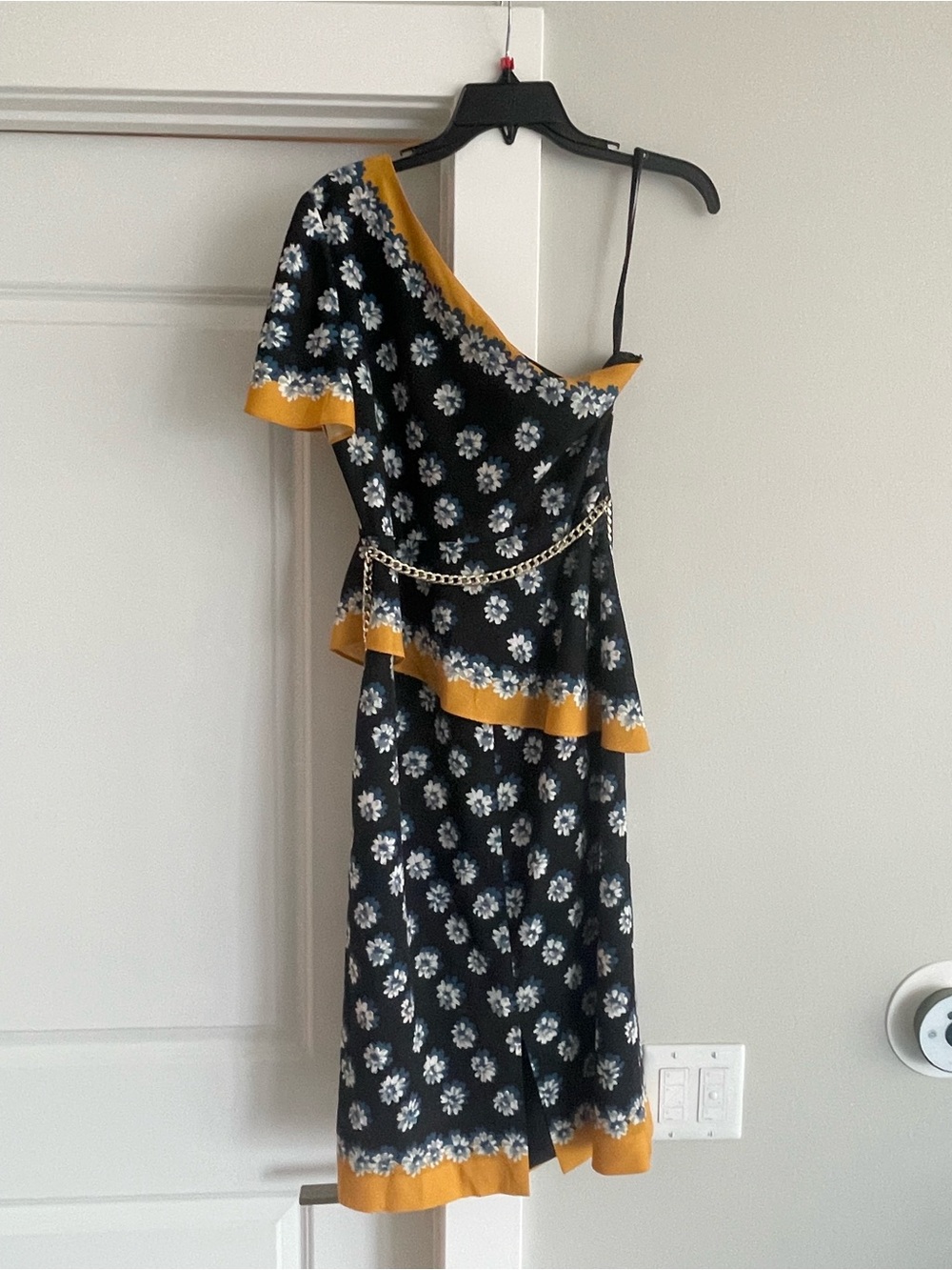 Ted Baker London Black Floral One-Shoulder Midi Dress with Mustard Trim